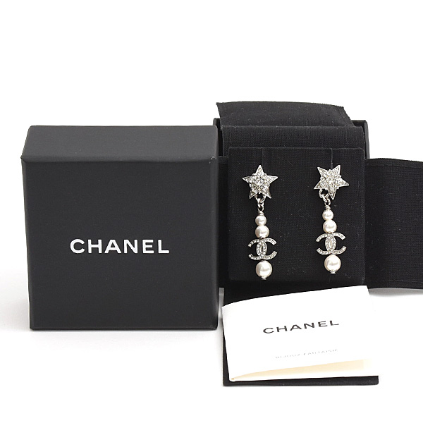 シャネル ピアス レディース スターモチーフ ココマーク フェイクパール ラインストーン ロングピアス シルバー B20P 真鍮 CHANEL 中古