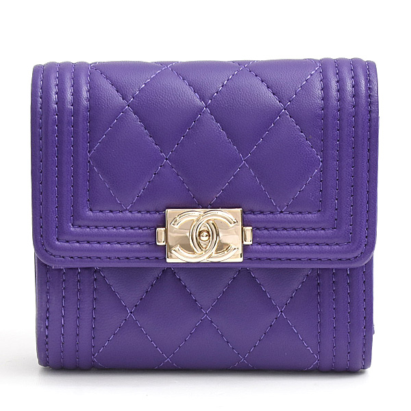 シャネル 財布 レディース ボーイシャネル スモールウォレット 3つ折り財布 ラムスキン パープル CHANEL A80734 中古