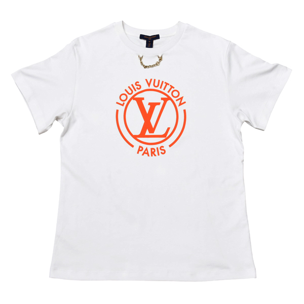 ルイヴィトン レディース フロックド LV Tシャツ 半袖 Mサイズ クリーニング済み ホワイト オレンジ Louis Vuitton 中古