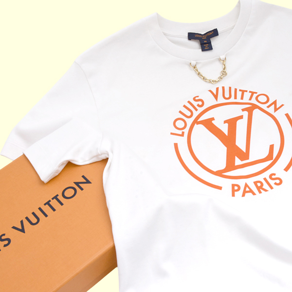 ルイヴィトン レディース フロックド LV Tシャツ 半袖 Mサイズ クリーニング済み ホワイト オレンジ Louis Vuitton 中古