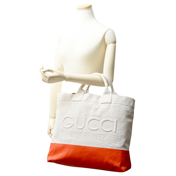 グッチ バッグ メンズ レディース エンボス ディテール キャンバス ラージ トートバッグ ホワイト オレンジ GUCCI 782741 中古