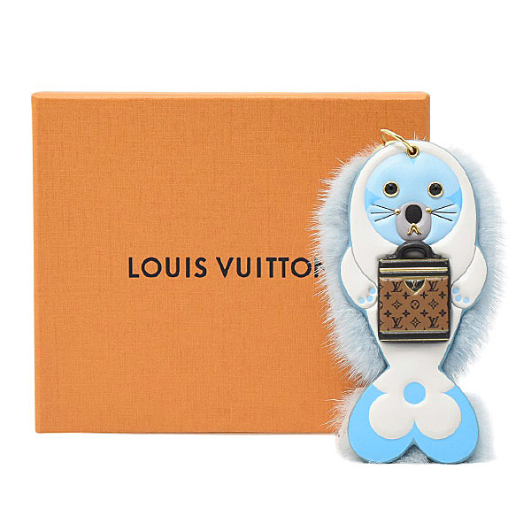 ルイヴィトン キーホルダー レディース ポルトクレ LVシール LV アニマル ミンクファー ブルー系 Louis Vuitton M00550 中古