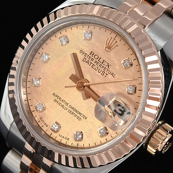 ロレックス 時計 レディース デイトジャスト 10Pダイヤ D番 自動巻 ゴールドダスト シェル文字盤 SS×PG ROLEX 179171NG 中古
