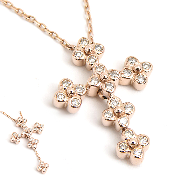 ヴァンドーム青山 ネックレス レディース フラワー クロス ダイヤ スウィング D0.14ct ピンクーゴールド 十字架 VENDOME AOYAMA K18PG 中古