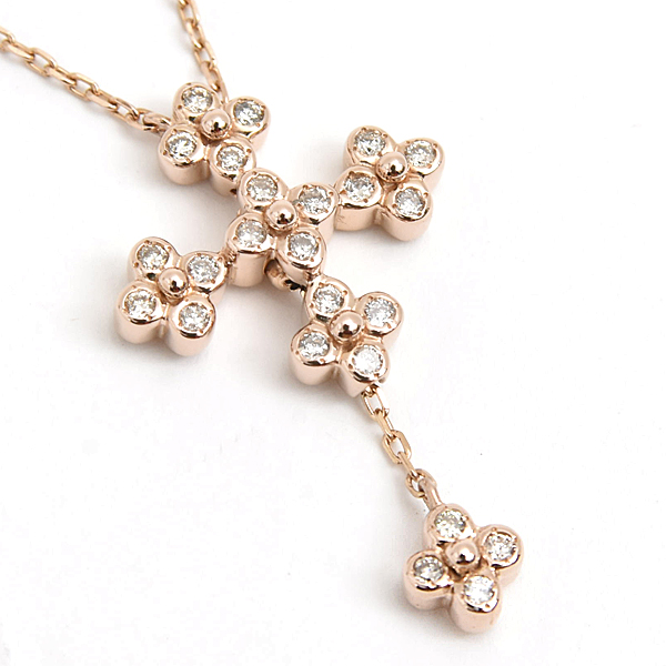ヴァンドーム青山 ネックレス レディース フラワー クロス ダイヤ スウィング D0.14ct ピンクーゴールド 十字架 VENDOME AOYAMA K18PG 中古