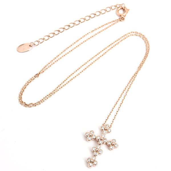 ヴァンドーム青山 ネックレス レディース フラワー クロス ダイヤ スウィング D0.14ct ピンクーゴールド 十字架 VENDOME AOYAMA K18PG 中古