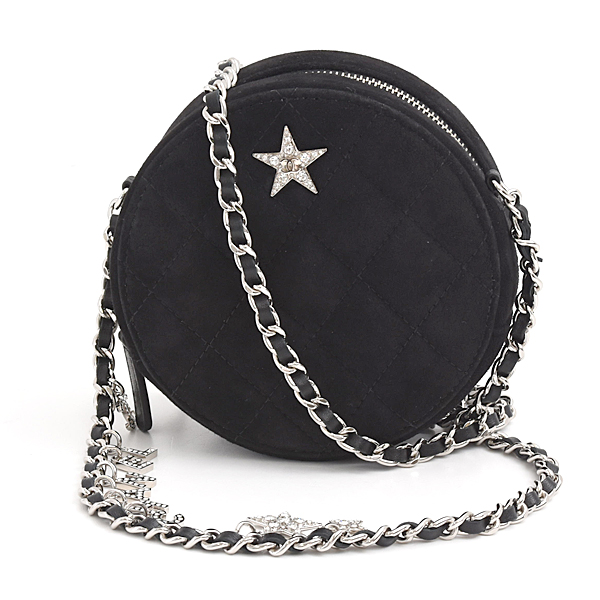 シャネル バッグ レディース マトラッセ ラウンド ミニ チェーンショルダー ココスター ラインストーン スエード ブラック CHANEL 中古
