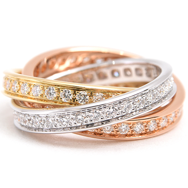 カルティエ 指輪 レディース スリーバングルズ トリニティ フルダイヤ リング 52号 ゴールド Cartier 750YG×WG×PG 中古