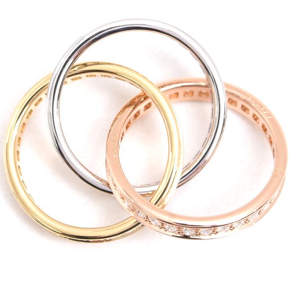 カルティエ 指輪 レディース スリーバングルズ トリニティ フルダイヤ リング 52号 ゴールド Cartier 750YG×WG×PG 中古