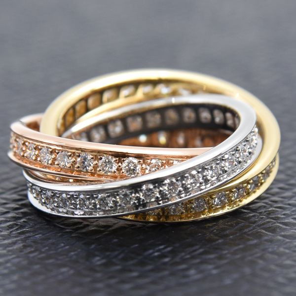 カルティエ 指輪 レディース スリーバングルズ トリニティ フルダイヤ リング 52号 ゴールド Cartier 750YG×WG×PG 中古