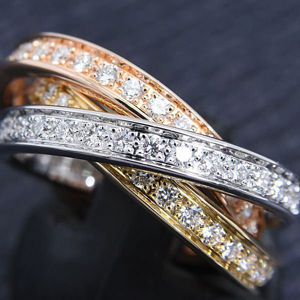 カルティエ 指輪 レディース スリーバングルズ トリニティ フルダイヤ リング 52号 ゴールド Cartier 750YG×WG×PG 中古