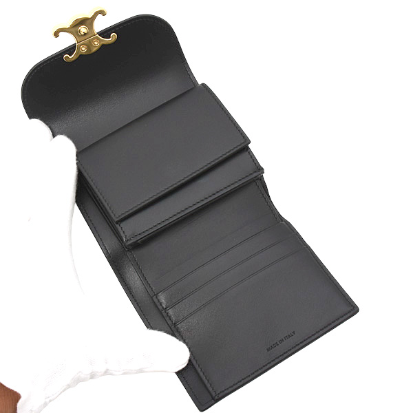 セリーヌ 財布 レディース スモール フラップウォレット トリオンフ 2つ折り財布 レザー ブラック CELINE 10D783 中古