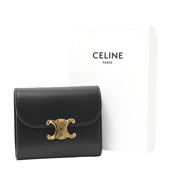 セリーヌ 財布 レディース スモール フラップウォレット トリオンフ 2つ折り財布 レザー ブラック CELINE 10D783 中古