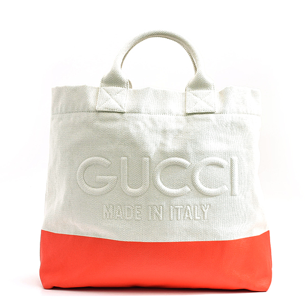 グッチ バッグ メンズ レディース エンボスロゴ トートバッグ キャンバス ナチュラル オフホワイト オレンジ GUCCI 782741 中古