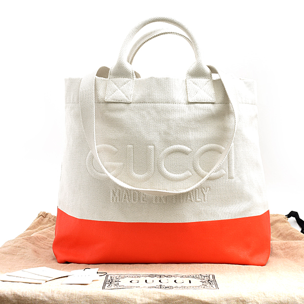 グッチ バッグ メンズ レディース エンボスロゴ トートバッグ キャンバス ナチュラル オフホワイト オレンジ GUCCI 782741 中古