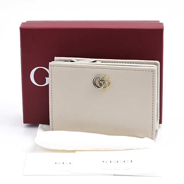 グッチ 財布 レディース ダブルG 二つ折り コンパクトウォレット カーフ  グレー GUCCI 790063 中古