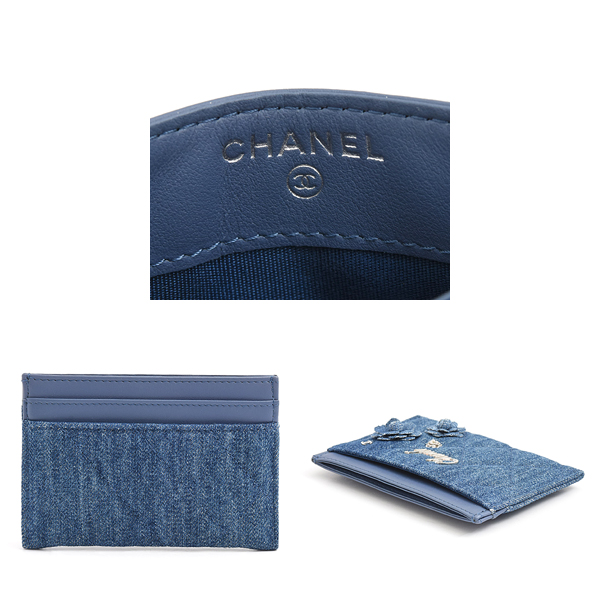 シャネル カードケース レディース カメリア カードケース パスケース デニム ブルー CHANEL 中古