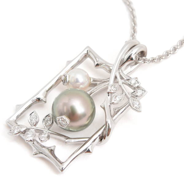 ミキモト ネックレス レディース リーフデザイン パール×ダイヤ ネックレス ホワイトゴールド MIKIMOTO K18WG 中古