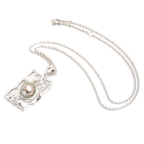 ミキモト ネックレス レディース リーフデザイン パール×ダイヤ ネックレス ホワイトゴールド MIKIMOTO K18WG 中古