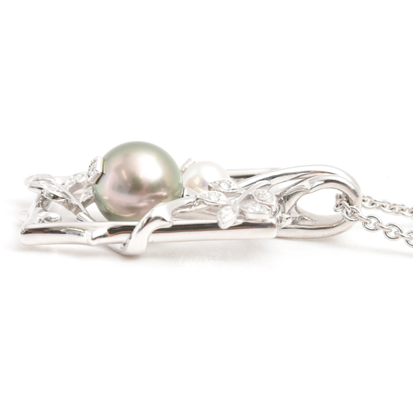 ミキモト ネックレス レディース リーフデザイン パール×ダイヤ ネックレス ホワイトゴールド MIKIMOTO K18WG 中古