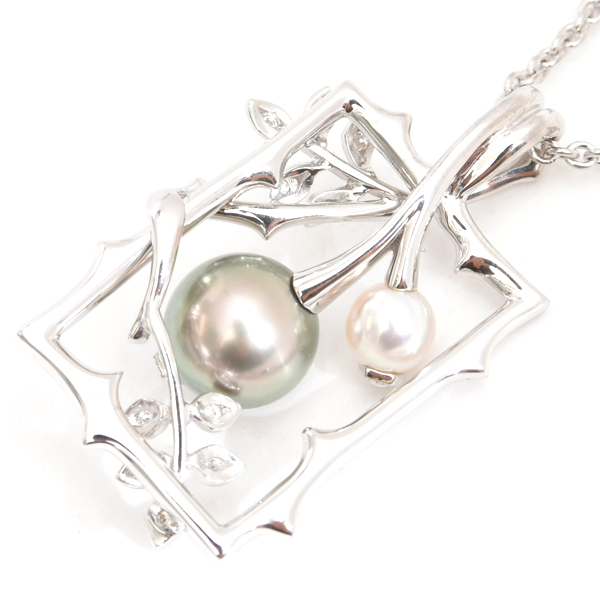 ミキモト ネックレス レディース リーフデザイン パール×ダイヤ ネックレス ホワイトゴールド MIKIMOTO K18WG 中古