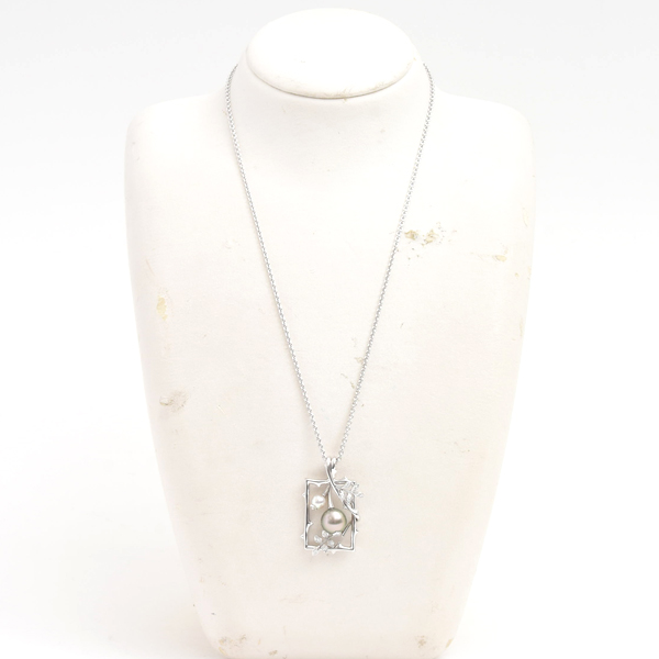 ミキモト ネックレス レディース リーフデザイン パール×ダイヤ ネックレス ホワイトゴールド MIKIMOTO K18WG 中古