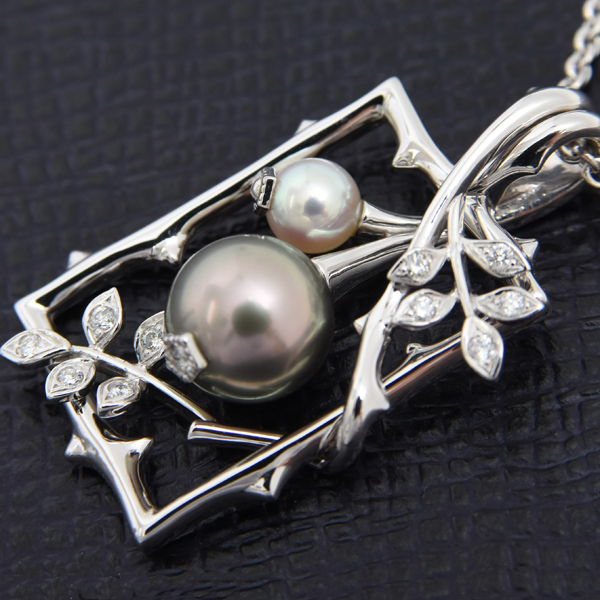 ミキモト ネックレス レディース リーフデザイン パール×ダイヤ ネックレス ホワイトゴールド MIKIMOTO K18WG 中古