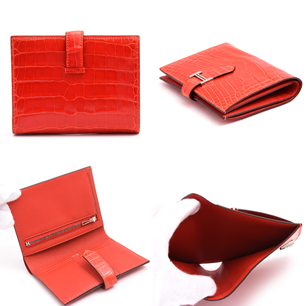 エルメス 財布 レディース ベアンコンパクト Z刻印 二つ折り コンパクトウォレット レッド系 アリゲーター HERMES 中古