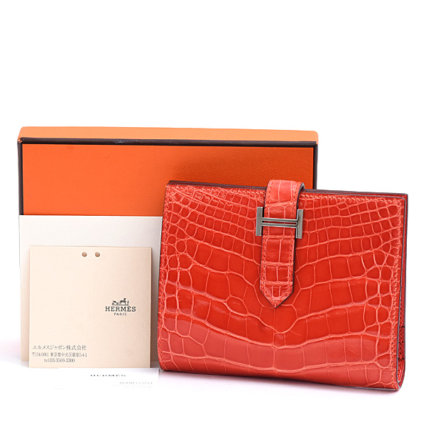 エルメス 財布 レディース ベアンコンパクト Z刻印 二つ折り コンパクトウォレット レッド系 アリゲーター HERMES 中古
