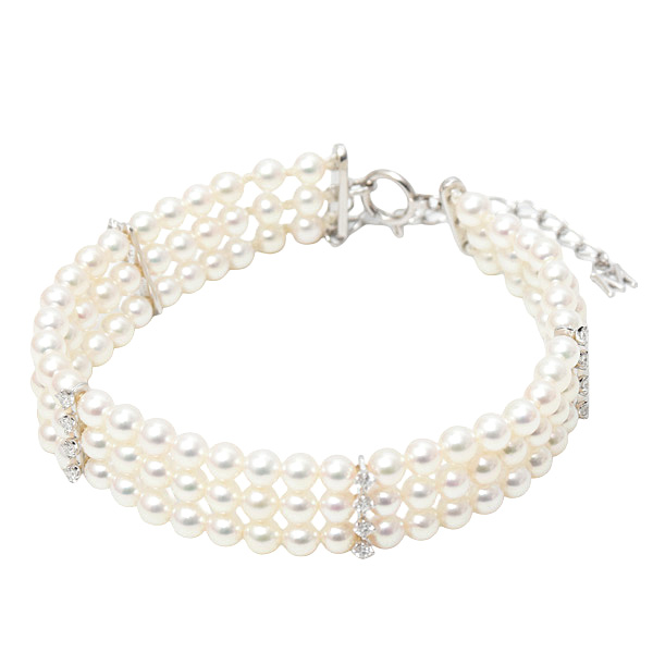 ミキモト ブレス レディース 3連 ベビーパール ダイヤ ブレス D0.44ct ホワイトゴールド MIKIMOTO K18WG 中古
