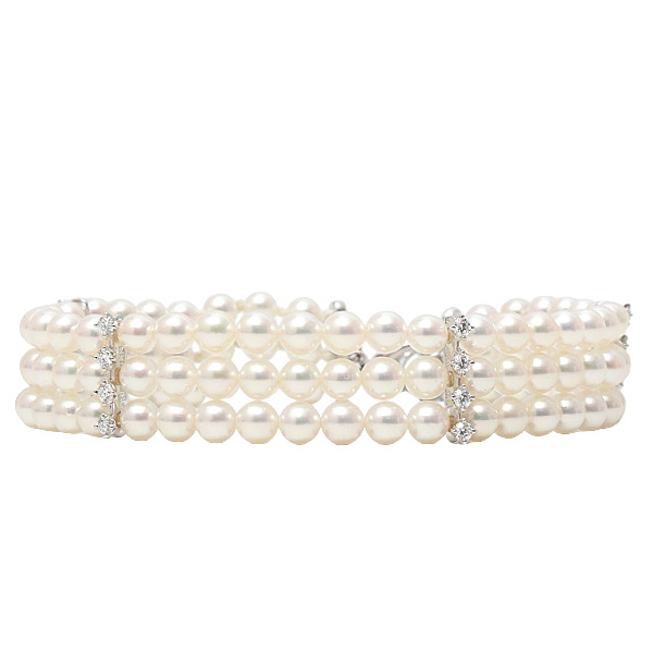 ミキモト ブレス レディース 3連 ベビーパール ダイヤ ブレス D0.44ct ホワイトゴールド MIKIMOTO K18WG 中古