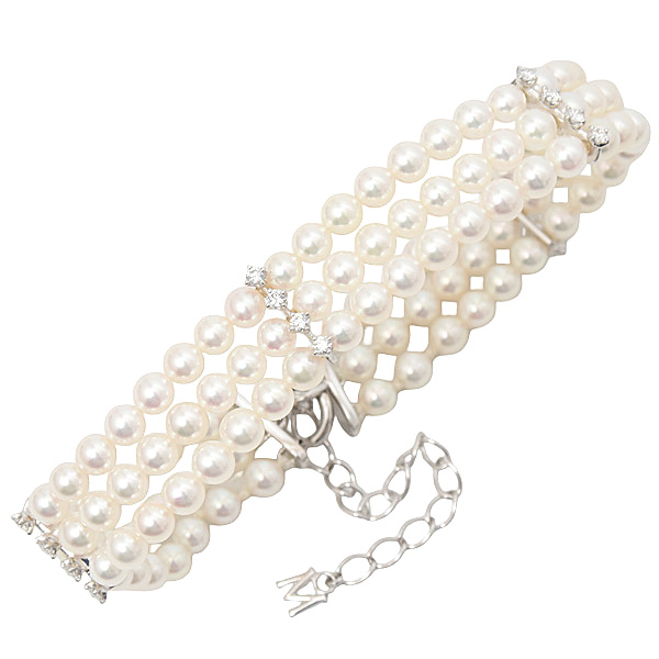 ミキモト ブレス レディース 3連 ベビーパール ダイヤ ブレス D0.44ct ホワイトゴールド MIKIMOTO K18WG 中古