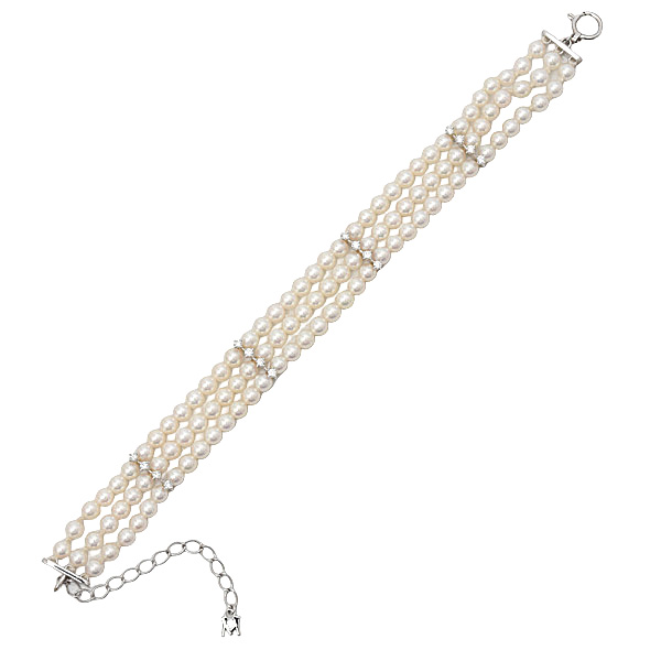 ミキモト ブレス レディース 3連 ベビーパール ダイヤ ブレス D0.44ct ホワイトゴールド MIKIMOTO K18WG 中古