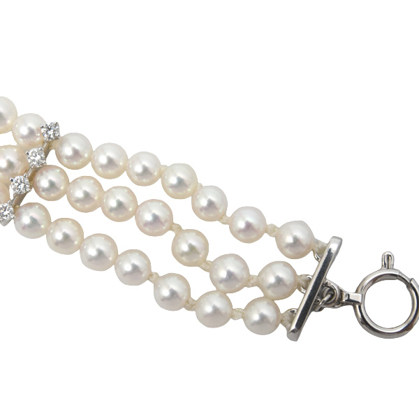 ミキモト ブレス レディース 3連 ベビーパール ダイヤ ブレス D0.44ct ホワイトゴールド MIKIMOTO K18WG 中古