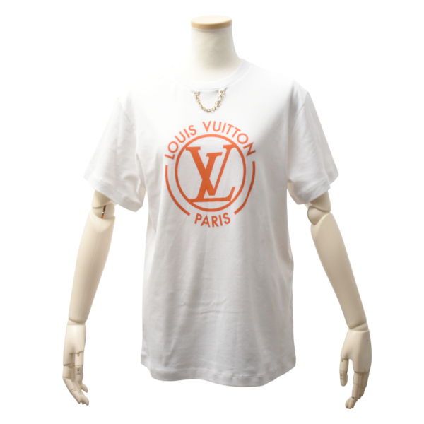ルイヴィトン 半袖Tシャツ レディース フロックド LV Tシャツ Mサイズ クリーニング済み ホワイト オレンジ Louis Vuitton RW242WW 中古