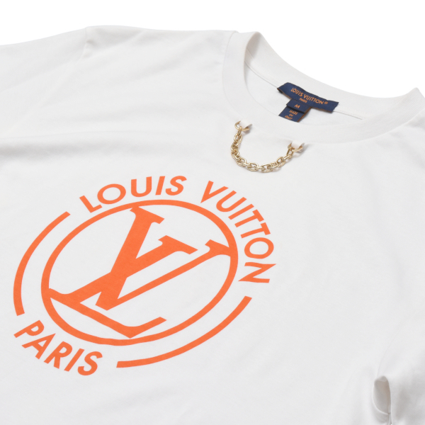 ルイヴィトン 半袖Tシャツ レディース フロックド LV Tシャツ Mサイズ クリーニング済み ホワイト オレンジ Louis Vuitton RW242WW 中古