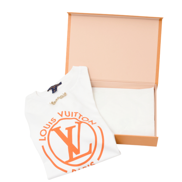 ルイヴィトン 半袖Tシャツ レディース フロックド LV Tシャツ Mサイズ クリーニング済み ホワイト オレンジ Louis Vuitton RW242WW 中古