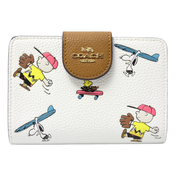 コーチ 財布 レディー スヌーピー コンパクト 2つ折り財布 PEANUTS コラボ レザー ホワイト×ブラウン COACH 中古