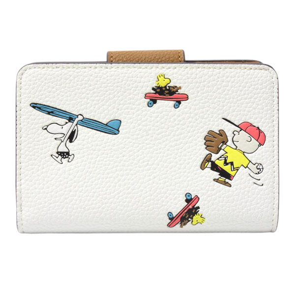 コーチ 財布 レディー スヌーピー コンパクト 2つ折り財布 PEANUTS コラボ レザー ホワイト×ブラウン COACH 中古