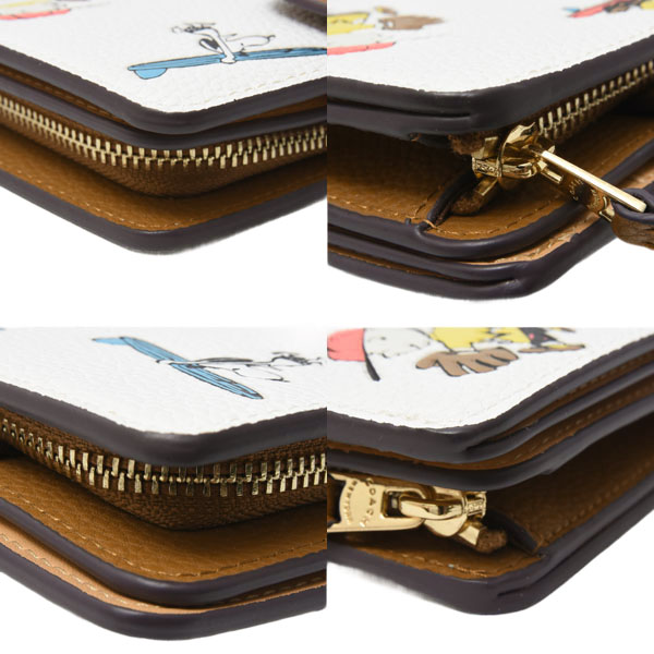 コーチ 財布 レディー スヌーピー コンパクト 2つ折り財布 PEANUTS コラボ レザー ホワイト×ブラウン COACH 中古