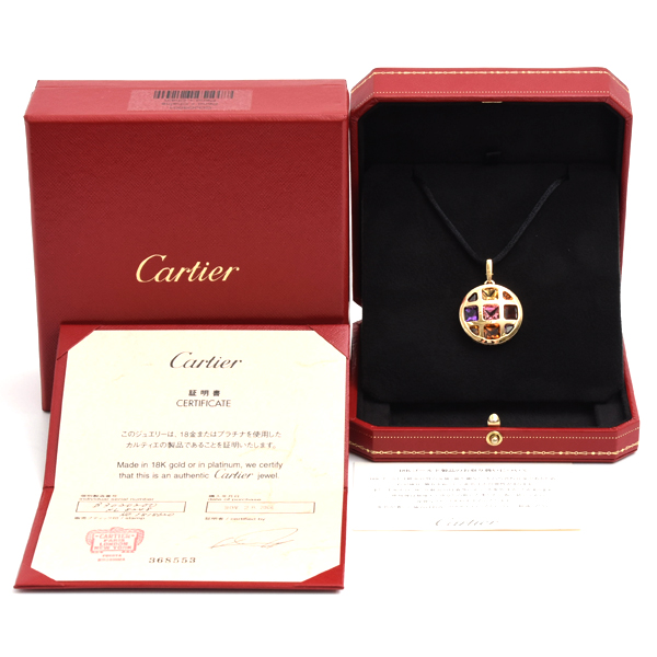 カルティエ ネックレス ユニセックス パシャグリッド マルチカラーストーン ネックレス 保証書付 イエローゴールド Cartier 750YG 中古