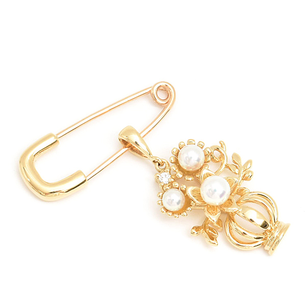 ミキモト ペンダント レディース 3Pパール ダイヤ フラワーモチーフ 3WAY ブローチ 3.0mm～4.0mm珠 イエローゴールド MIKIMOTO K18 中古