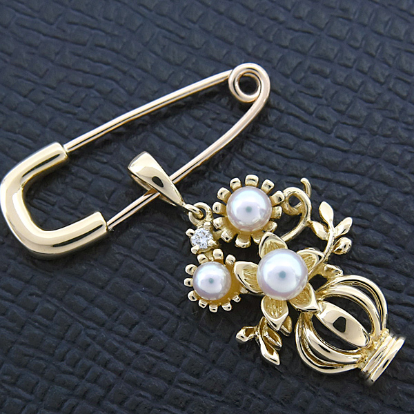 ミキモト ペンダント レディース 3Pパール ダイヤ フラワーモチーフ 3WAY ブローチ 3.0mm～4.0mm珠 イエローゴールド MIKIMOTO K18 中古