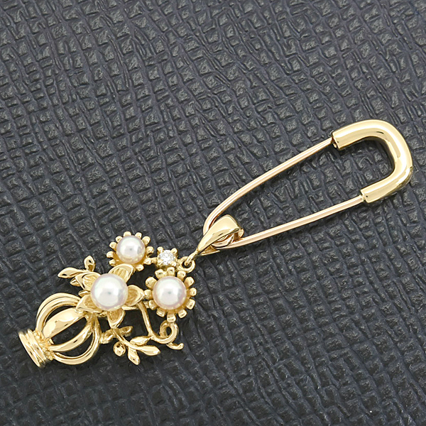 ミキモト ペンダント レディース 3Pパール ダイヤ フラワーモチーフ 3WAY ブローチ 3.0mm～4.0mm珠 イエローゴールド MIKIMOTO K18 中古