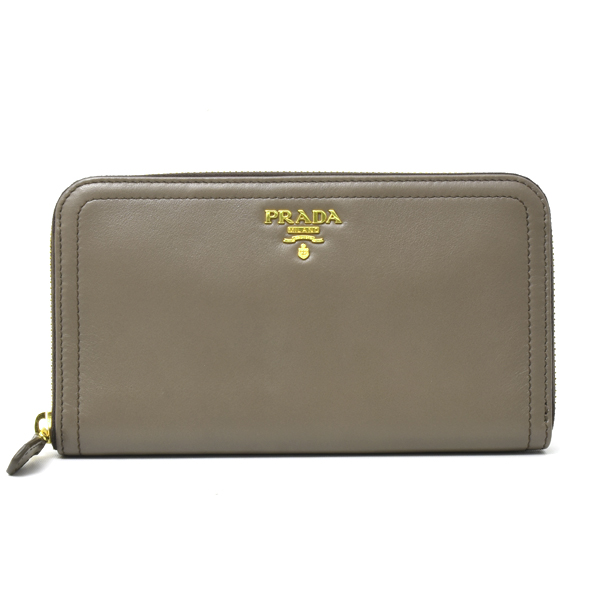 プラダ 財布 レディース 長財布 ラウンドファスナー カーフレザー グレーブラウン PRADA 中古