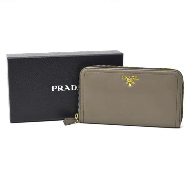 プラダ 財布 レディース 長財布 ラウンドファスナー カーフレザー グレーブラウン PRADA 中古