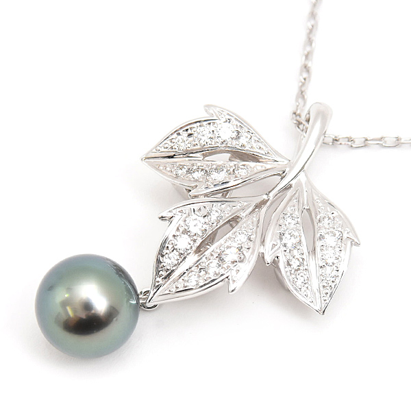 ミキモト ネックレス レディース リーフデザイン パール ダイヤ ペンダント D0.29ct 8.6mm珠 ホワイトゴールド MIKIMOTO K18WG 中古