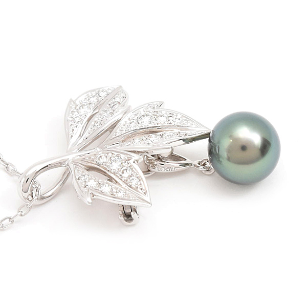 ミキモト ネックレス レディース リーフデザイン パール ダイヤ ペンダント D0.29ct 8.6mm珠 ホワイトゴールド MIKIMOTO K18WG 中古