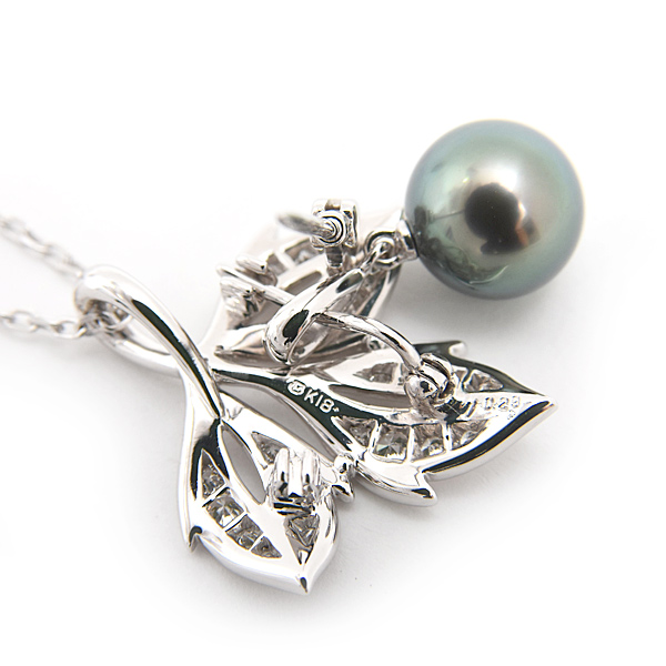ミキモト ネックレス レディース リーフデザイン パール ダイヤ ペンダント D0.29ct 8.6mm珠 ホワイトゴールド MIKIMOTO K18WG 中古