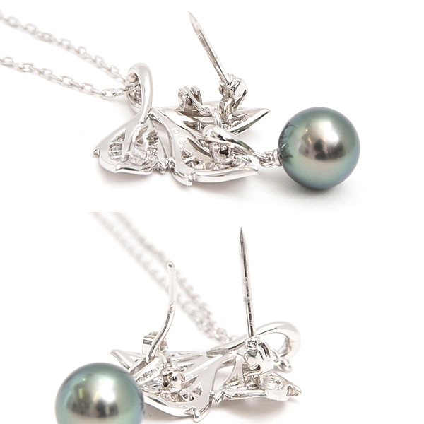 ミキモト ネックレス レディース リーフデザイン パール ダイヤ ペンダント D0.29ct 8.6mm珠 ホワイトゴールド MIKIMOTO K18WG 中古